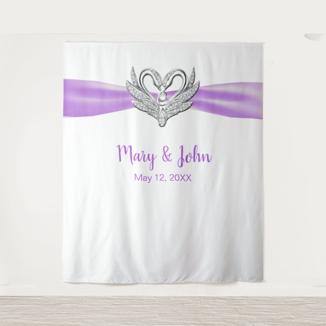 Tenture Argent violet Ruban Swans Mariage arrière-plan (Devant)