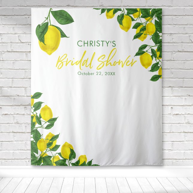Tenture Arrière-plan de la Fête des mariées d'aquarelle de (Bright lemon corners with a single lemon creating a beautiful citrus themed bridal shower tapestry)