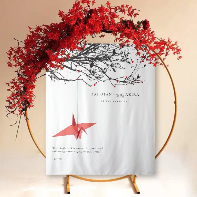 Tenture Arrière-plan photo du Mariage de grue en papier Or (Hanging Origami Red Paper Crane & Branches Asian Wedding Photo Backdrop Tapestry @ fatfatin_red_knot)