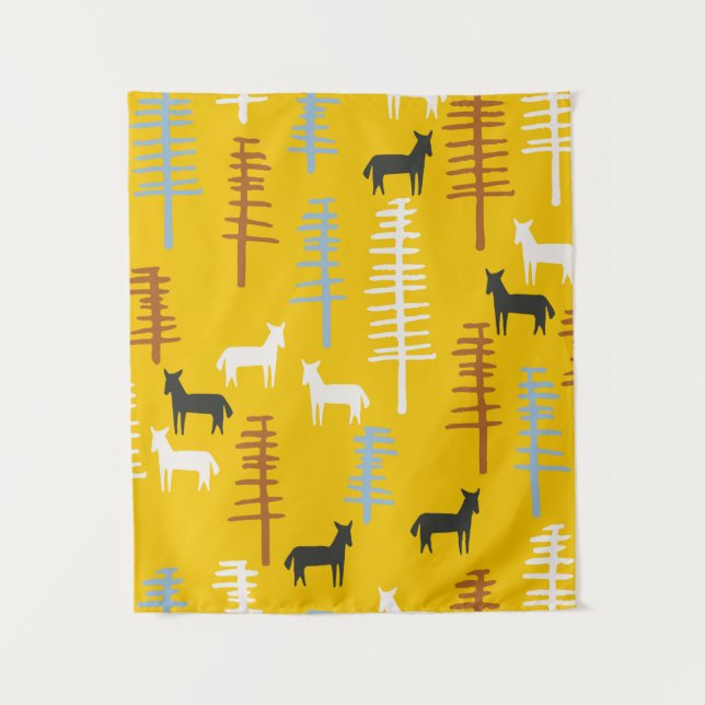 Tenture Arrière - plan tribal avec des chevaux et des arbr (Devant)