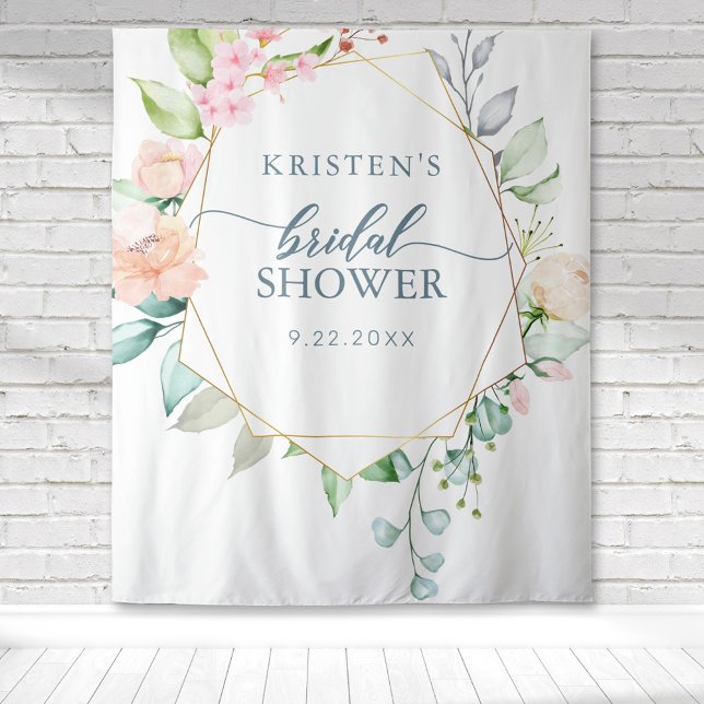 Tenture Arroseur de Mariée Géométrique Floral Pastel Aquar (Geometric gold frame with pastel floral botanical bridal shower background tapestry.)