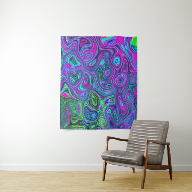 Tenture Art Abstrait Groovy Magenta et Vert Citron Marbré (En situation)