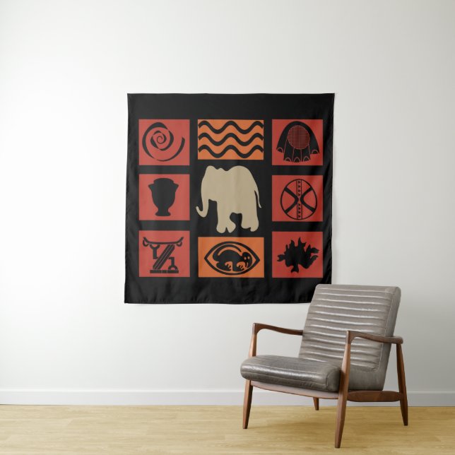 Tenture Art abstrait moderne africain symbole et éléphant (En situation)