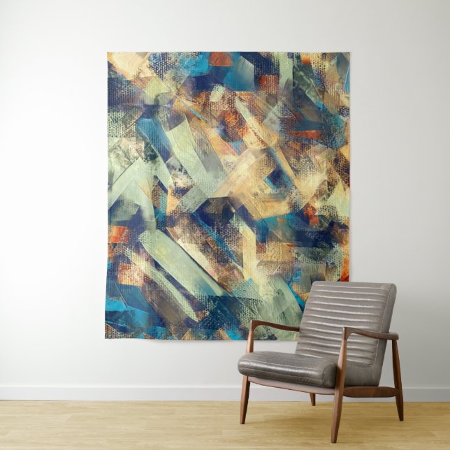Tenture Art abstrait moderne jaune et bleu coups de pincea (En situation)