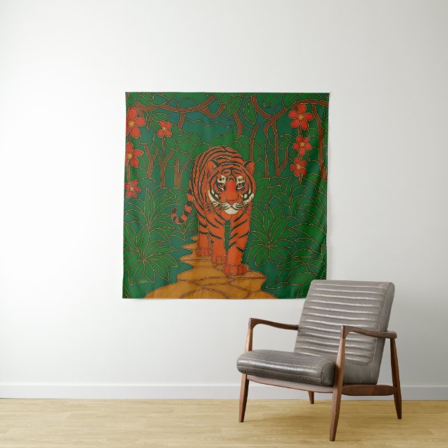 Tenture Art de cloisonné Tigre sur le chemin de la jungle (En situation)