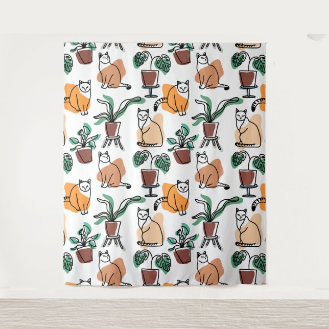 Tenture Art de trait dessin chats et fleurs (Devant)