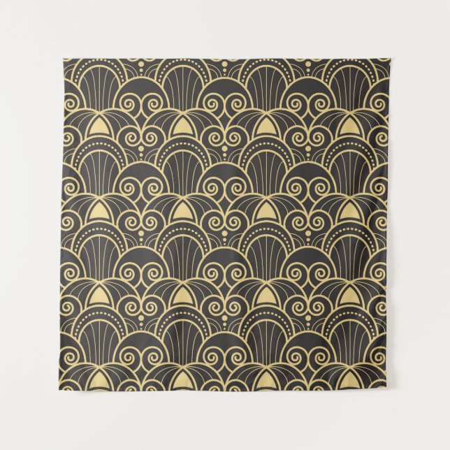 Tenture Art Déco : Carreaux géométriques dorés. (Devant)