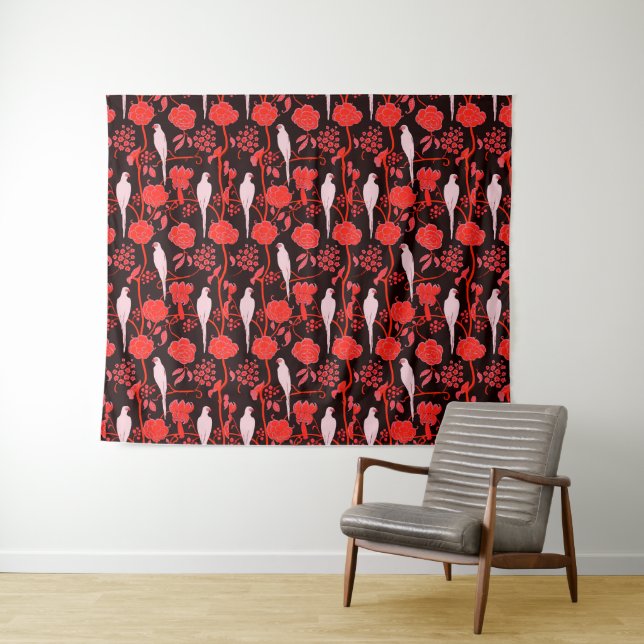 Tenture ART DÉCO FLEURS NOIR ROUGE,PERROQUETS BLANCS Flora (En situation (horizontale))