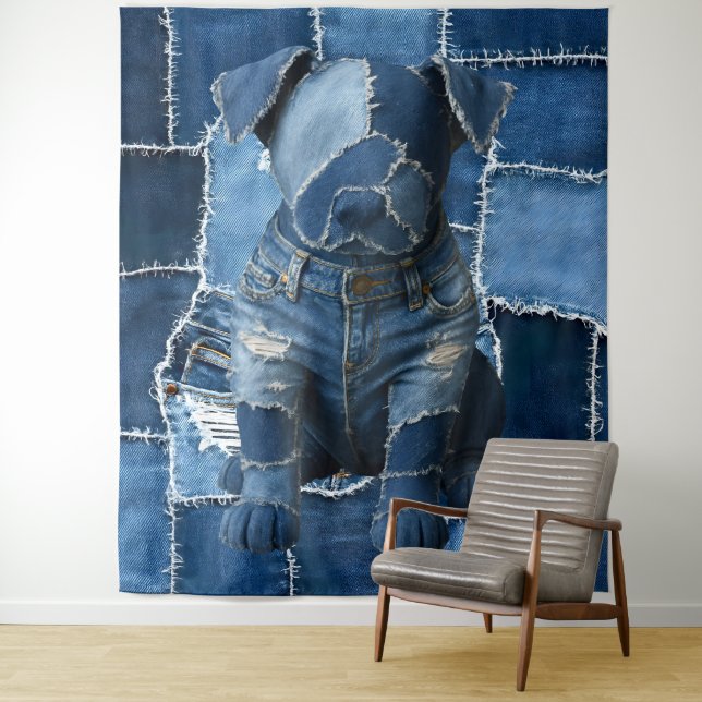 Tenture Art en patchwork de denim de chien (En situation)