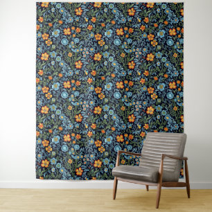 Tenture Art floral complexe : Fleurs bleues et orange