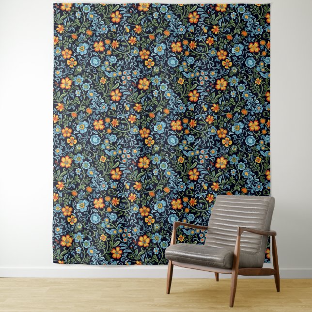 Tenture Art floral complexe : Fleurs bleues et orange  (En situation)