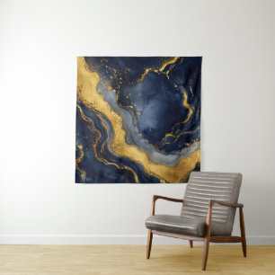 Tenture Art fluide abstrait en marbre doré et marine de lu