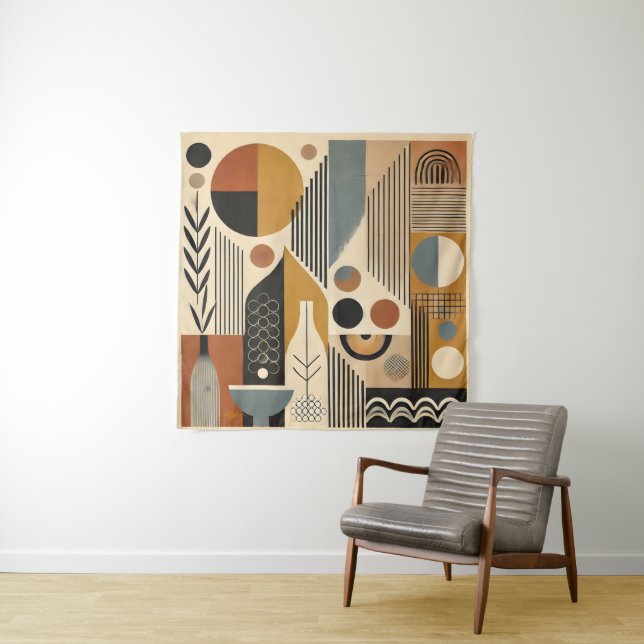 Tenture Art Moderne du Milieu du Siècle Récolte d'Automne (En situation)