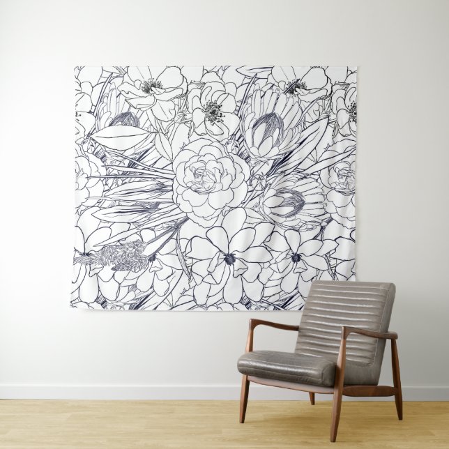 Tenture Art Moderne Ligne Main Tirée Floral Girly Design (En situation (horizontale))