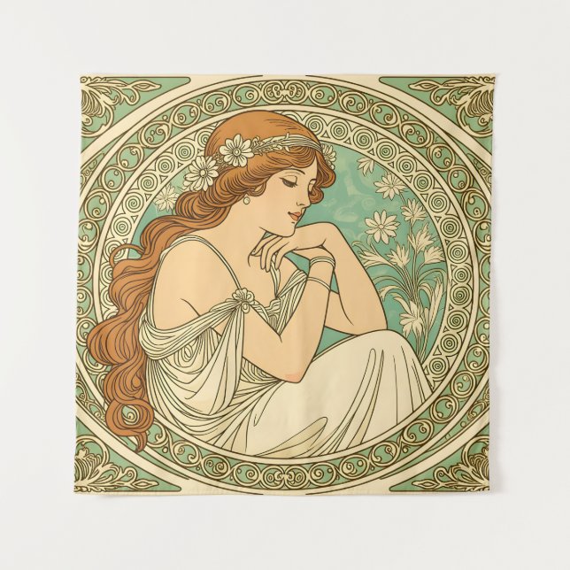 Tenture Art nouveau romantic illustration white flowers (Devant)
