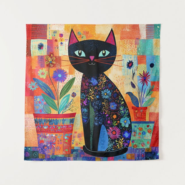 Tenture Art populaire de chat noir (Devant)