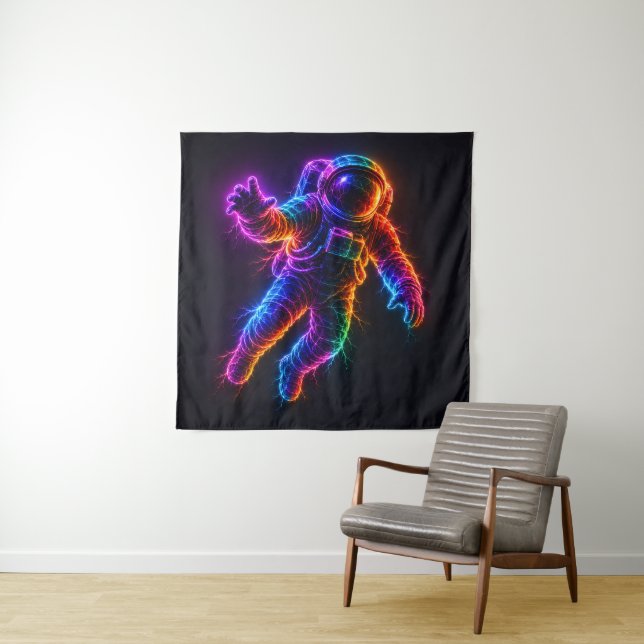 Tenture Astronaute Néon Vibrant Flottant dans l'Espace Mur (En situation)