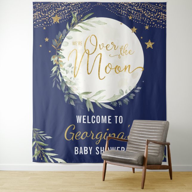 Tenture Au-dessus du Baby shower Lune Marine Blue Gold Wel (En situation)