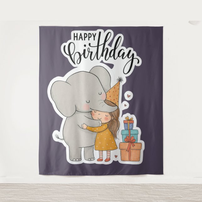 Tenture Autocollant d'anniversaire câlin éléphant adorable (Devant)
