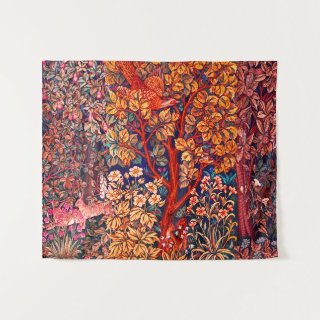 Tenture AUTUMN FOREST ANIMALS Haricots, faisan, Floral rou (Devant (Horizontal))
