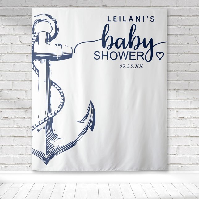 Tenture Baby shower Ancre nautique blanc (Nautical anchor baby shower on a white backdrop with navy blue anchor and typography.)