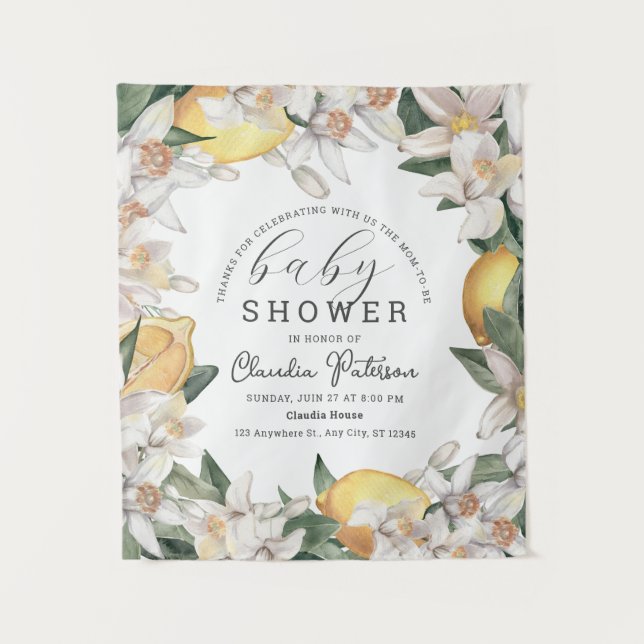Tenture Baby Shower Aquarelle Fleurie Citron Citrus (Devant)