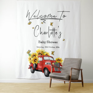 Tenture Baby Shower avec camion rouge vintage et tournesol