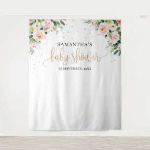 Tenture Baby shower bohème rose blush floral roses verdure