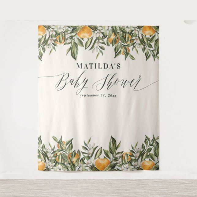 Tenture Baby shower botanique orange rustique et agrumes (Devant)