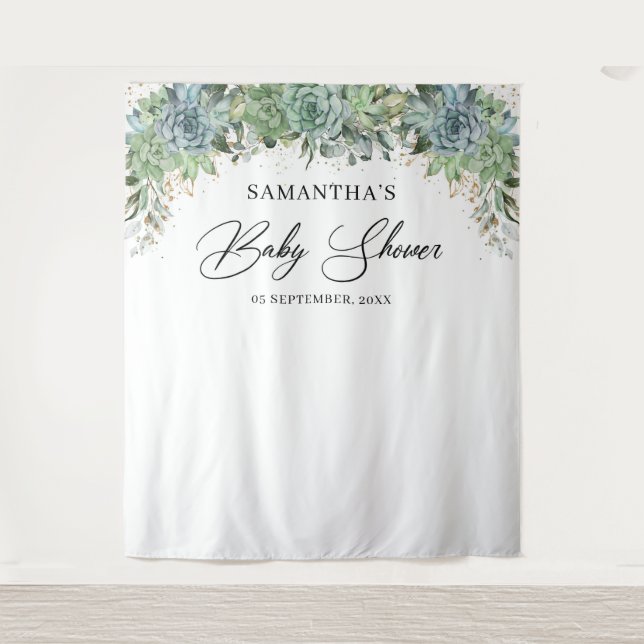 Tenture Baby shower cadre doré eucalyptus succulentes bohè (Devant)