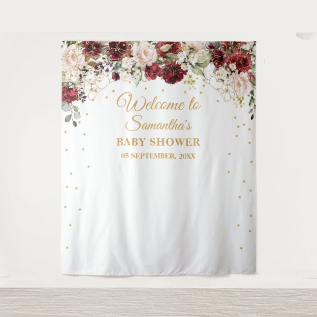 Tenture Baby shower cadre floral bordeaux boho doré (Devant)