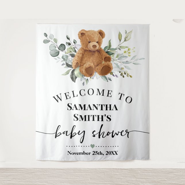 Tenture Baby shower d'accueil Ours Eucalyptus Vert (Devant)