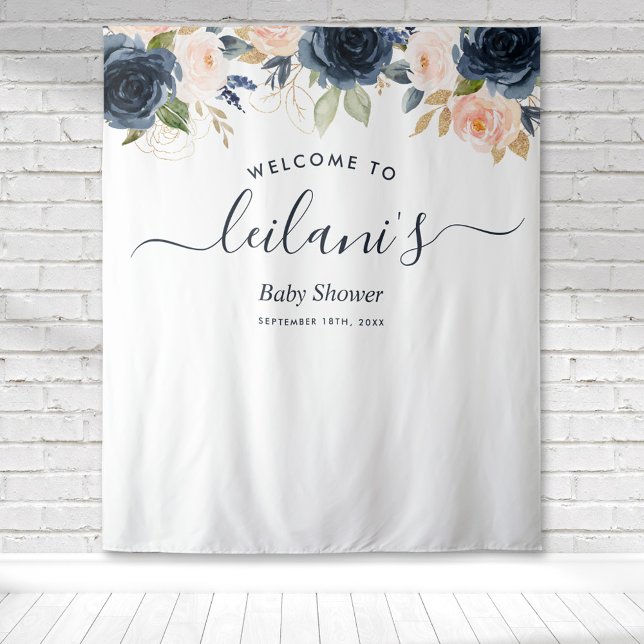 Tenture Baby shower de bienvenue Marine rose floral botani (Blue and Pink floral botanical baby shower welcome tapestry great for photo ops and backdrops.)