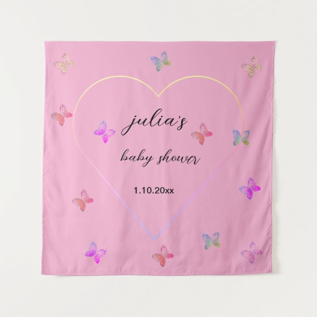 Tenture Baby shower de fille papillon de coeur rose (Devant)