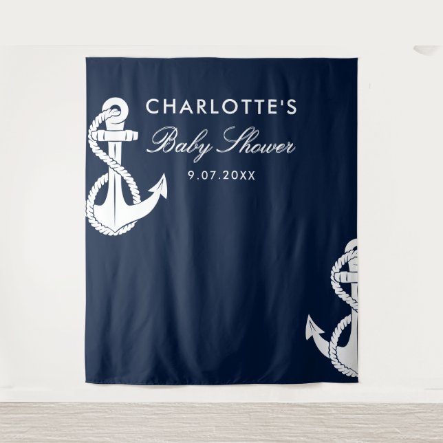 Tenture Baby shower de script nautique bleu marine fond (Devant)
