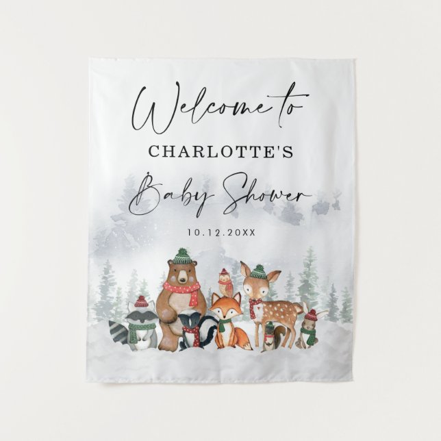 Tenture Baby shower des animaux de forêt hivernale Bienven (Devant)