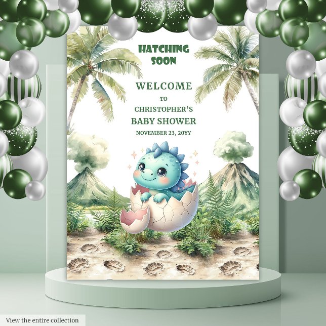 Tenture Baby shower Dino Bleu Hatching Bientôt arrière-pla (Blue Dino Baby Shower Hatching Soon Backdrop)
