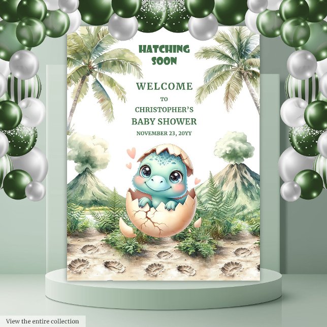 Tenture Baby shower Dino Cute Hatching Bientôt (Cute Dino Baby Shower Backdrop Hatching Soon)