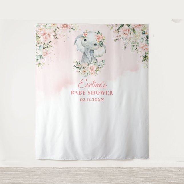 Tenture Baby shower d'or floral clair pour bébé éléphant m (Devant)