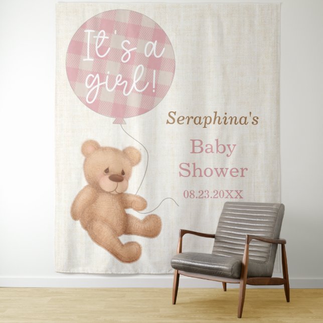 Tenture Baby shower d'ours en peluche rose (En situation)