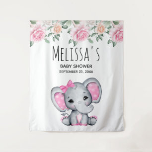 Tenture Baby Shower éléphant bébé rose et roseaux mignon