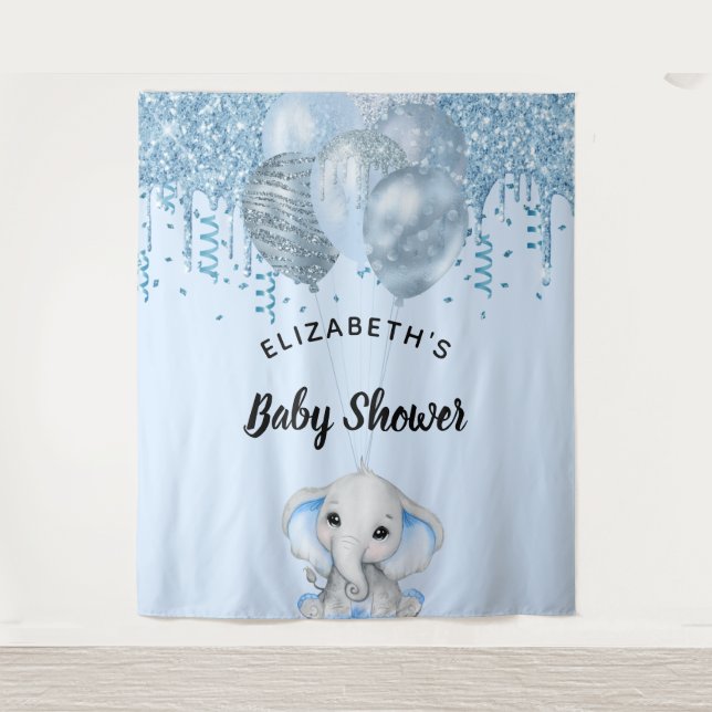 Tenture Baby Shower éléphant bleu garçon argent (Devant)