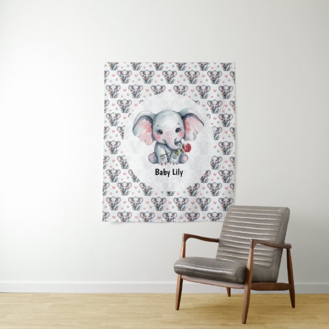 Tenture Baby Shower Éléphant Rose Aquarelle (En situation)