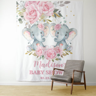Tenture Baby shower Eléphant rose Floral Twins