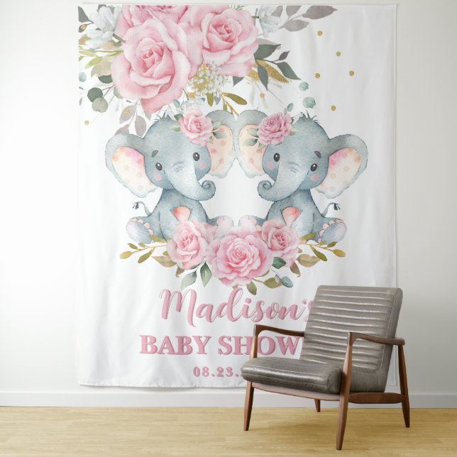 Tenture Baby shower Eléphant rose Floral Twins (En situation)