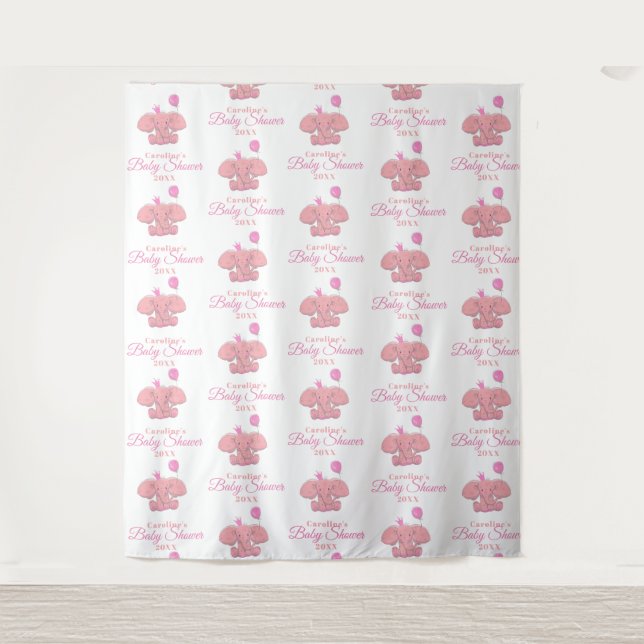 Tenture Baby Shower Eléphant Rose | Répétition de Marche (Devant)