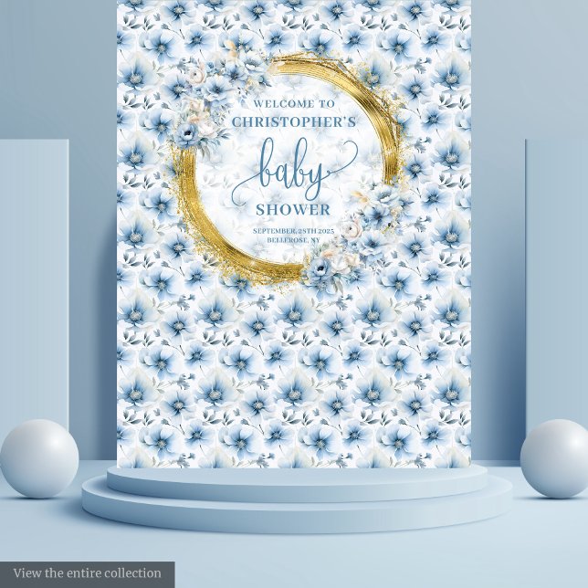 Tenture Baby shower en or bleu Pastel Whimsical (Whimsical Pastel Blue Gold Baby Shower Backdrop

)