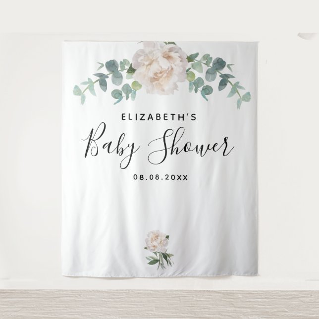 Tenture Baby Shower eucalyptus verdure blanc élégant (Devant)