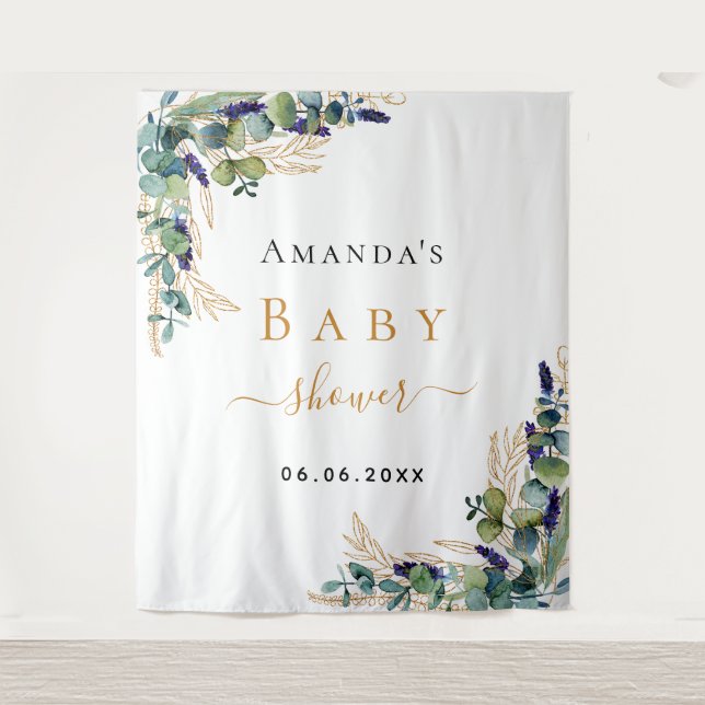 Tenture Baby Shower eucalyptus verdure or monogramme doré (Devant)