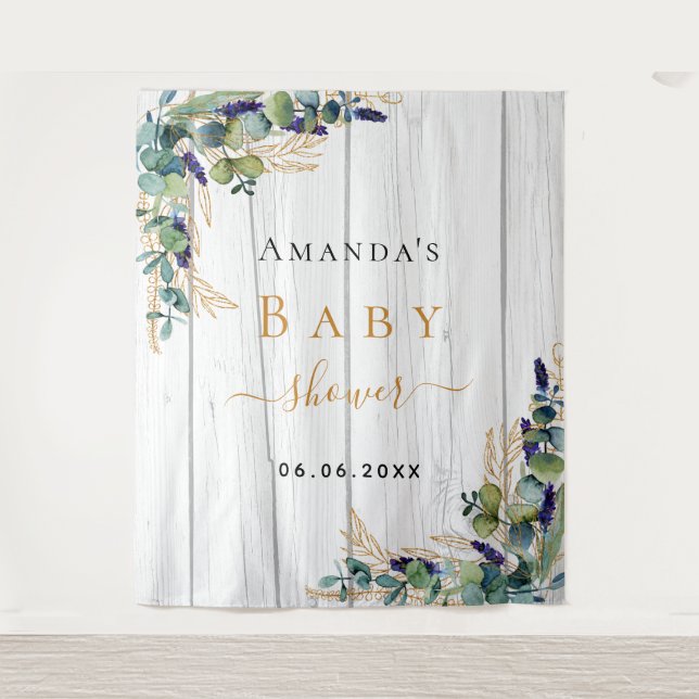 Tenture Baby shower eucalyptus vert bois blanc (Devant)